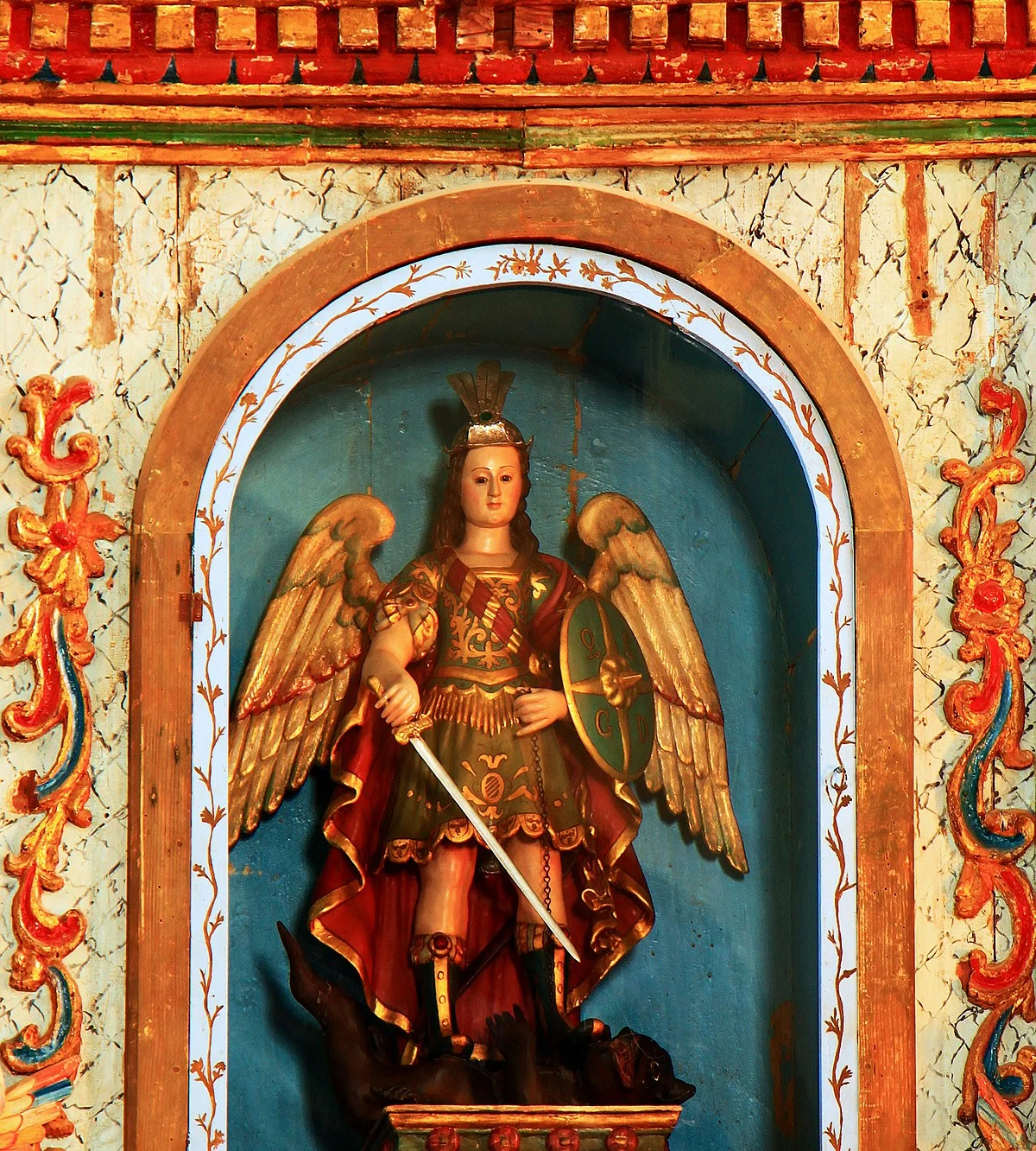 Statue des Erzengels Michael, Iglesia de San Miguel Arcángel, Tuineje, Fuerteventura, Kanaren, Spanien.