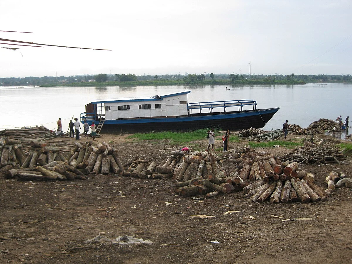 Brennholz und Boot am Ufer in Kindu