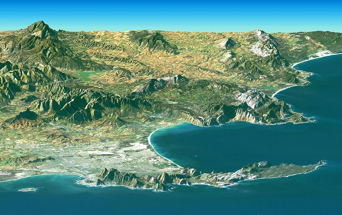 Satellitenbild des Kap der Guten Hoffnung, erstellt aus Bildern von Landsat und Daten der SRT-Mission des NASA Space Shuttle Endeavor vom…