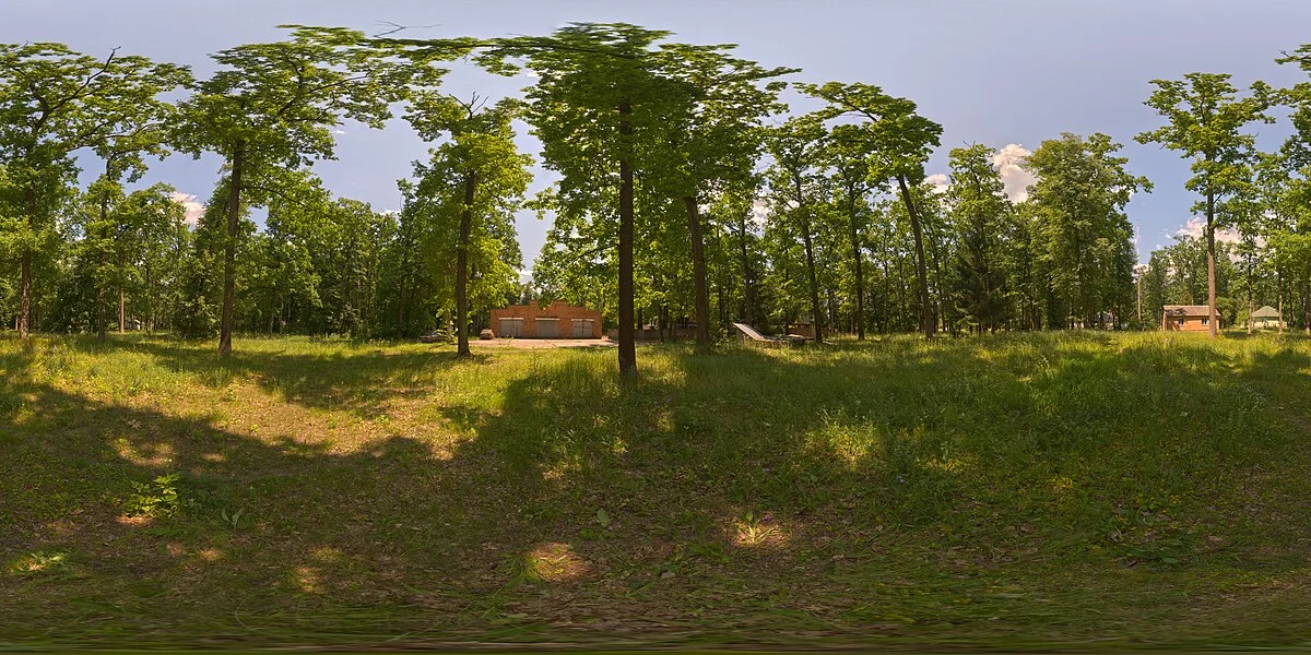 Panoramaaufnahme und Backplates einer Wiese in der Ukraine, umgeben von Baumen und anderer Natur.