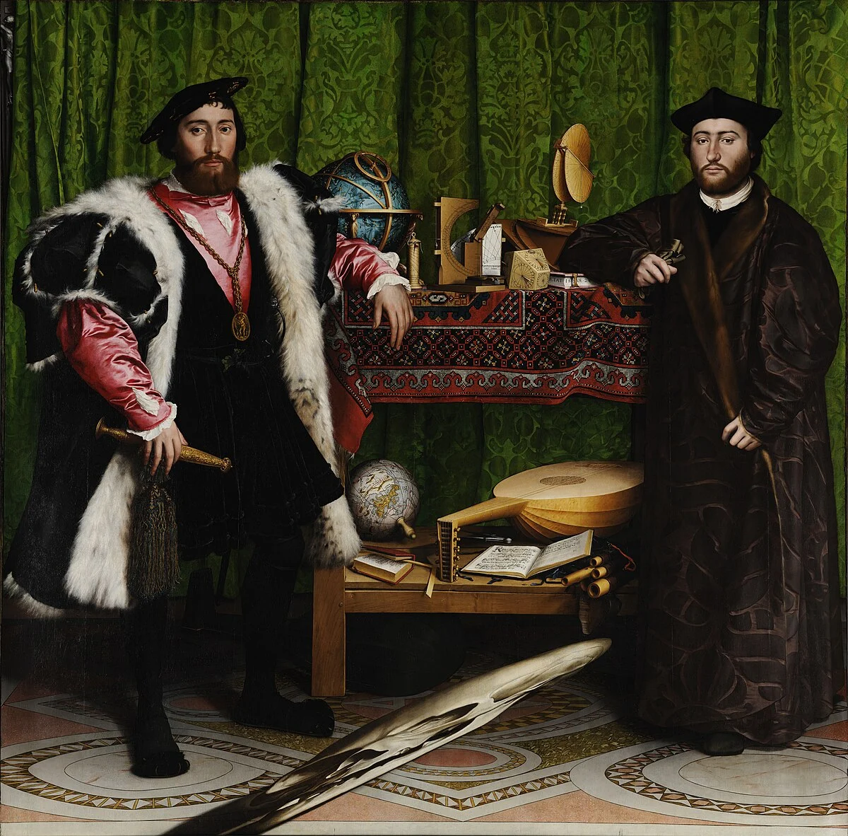 Auf dem Doppelporträt sind Jean de Dinteville, französischer Botschafter am Hofe Heinrichs VIII.